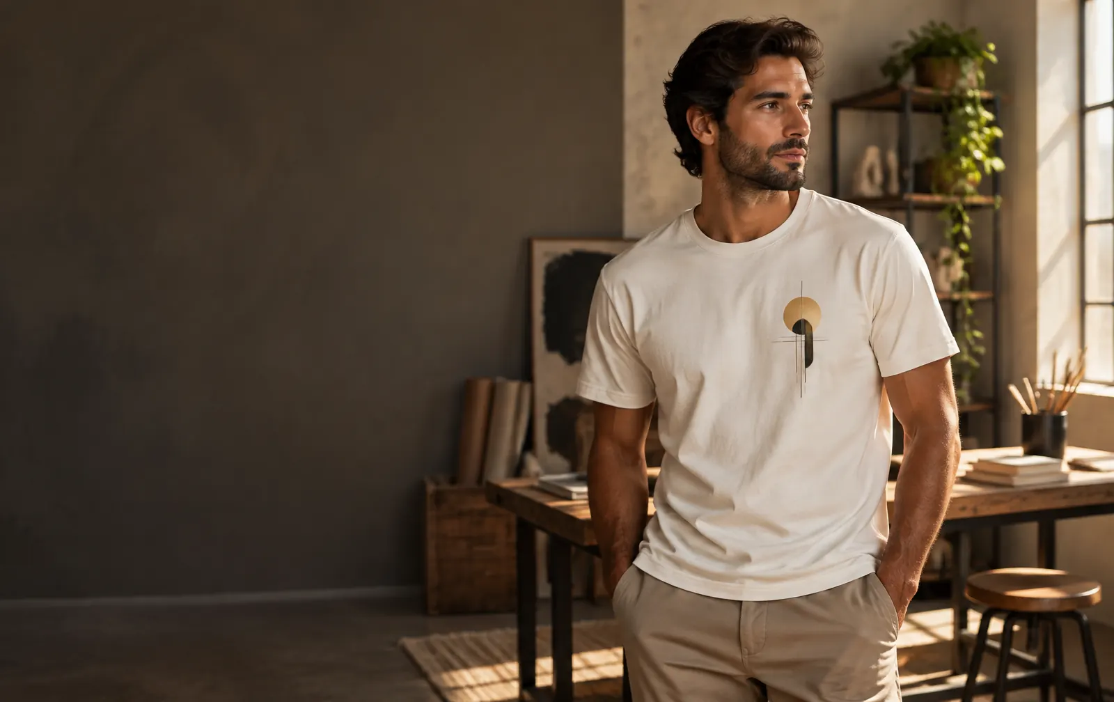 Homem vestindo camiseta off-white personalizada com estampa DTF minimalista